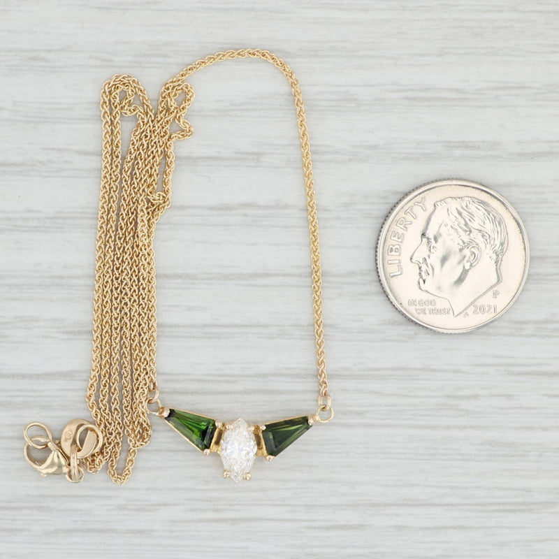 0.92ctw Green Tourmaline Diamond Necklace 14k Yellow Gold 17" Wheat Chain