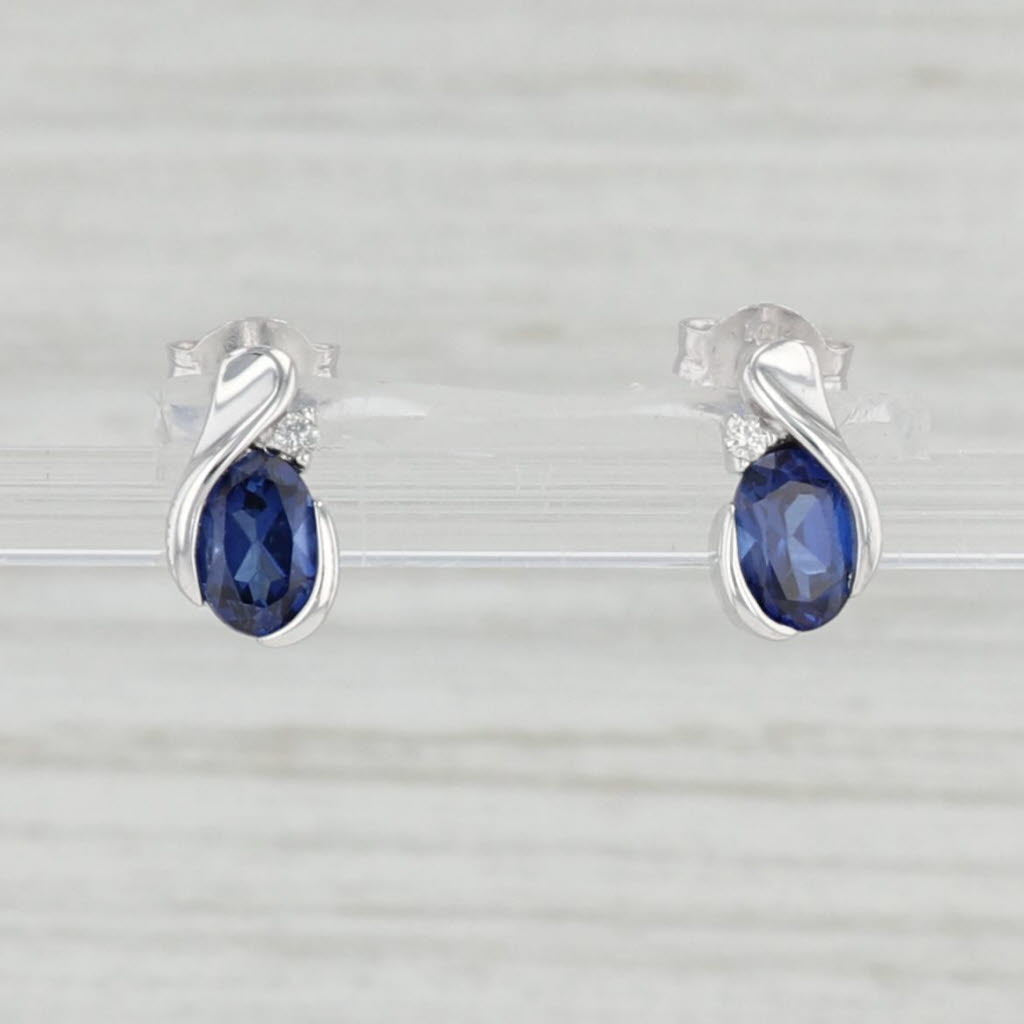 Light Gray 1.28ctw Blue Lab Created Sapphire Diamond Teardrop Stud Earrings 10k White Gold