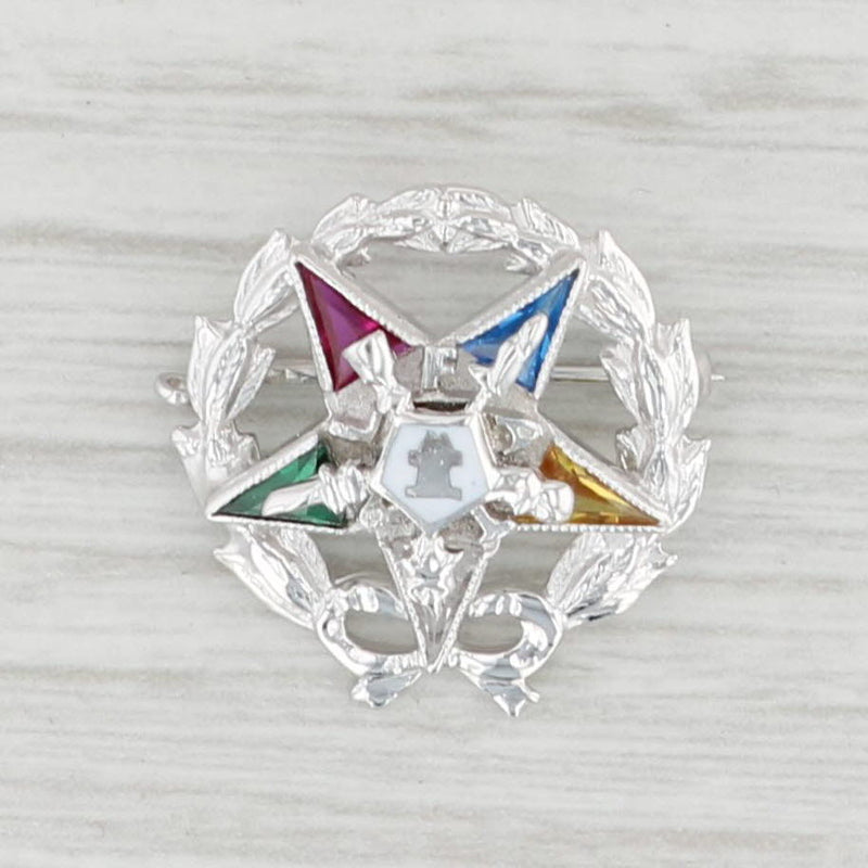 Vintage Order of the Eastern Star Pin 14k White Gold Synthetic Gemstones Masonic