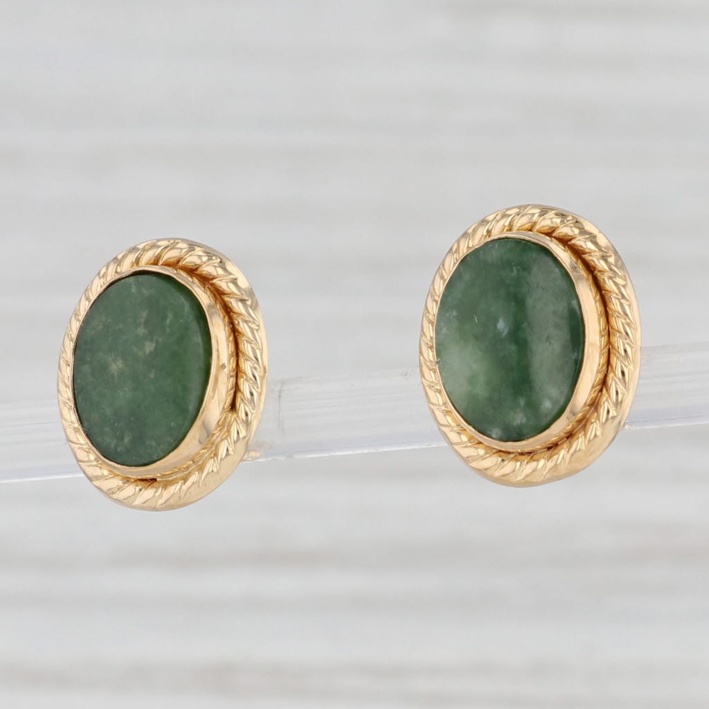 Light Gray Oval Green Nephrite Jade Stud Earrings 14k Yellow Gold Solitaire Studs