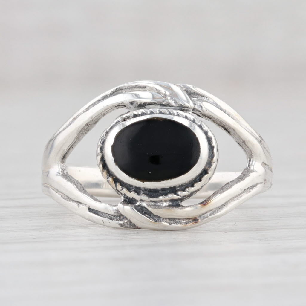 Light Gray Onyx Solitaire Ring Sterling Silver Size 7.25 Oval Black Gemstone