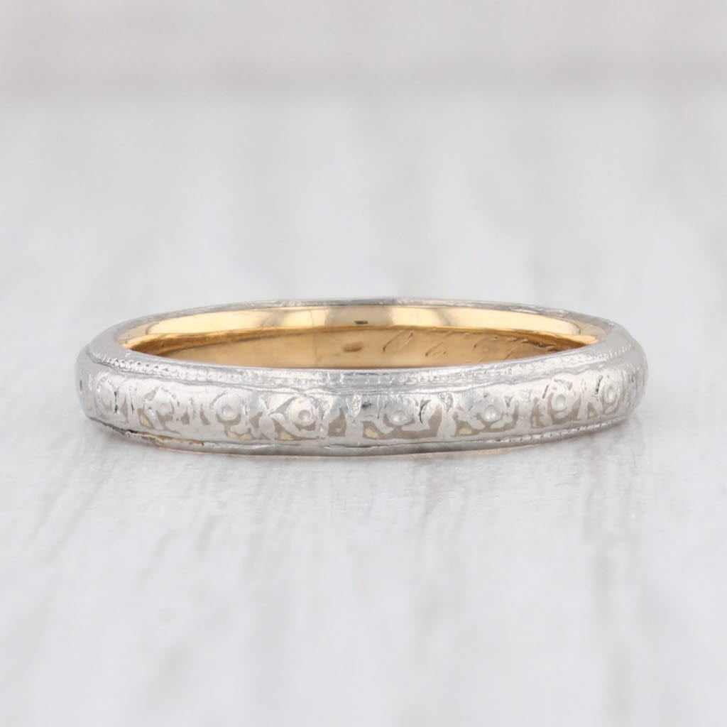 Light Gray Art Deco Floral Engraved Wedding Band Platinum over 18k Gold Sz 6.75 Ring Woods