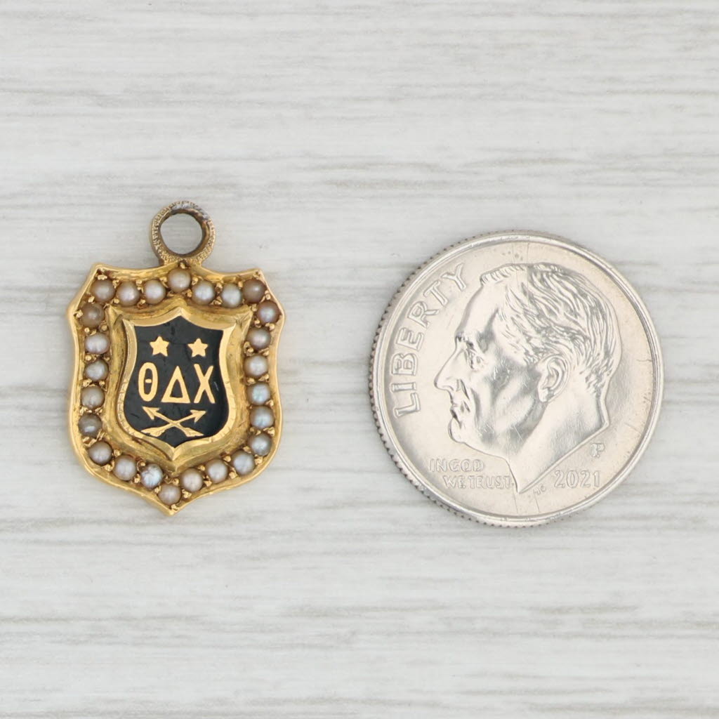 Light Gray Theta Delta Chi Fraternity Charm 14k Yellow Gold Pearl Antique 1903 Crest