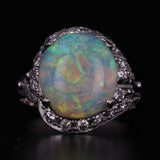 Black Vintage Handcrafted Colorful Opal Diamond Ring 900 Platinum Size 6