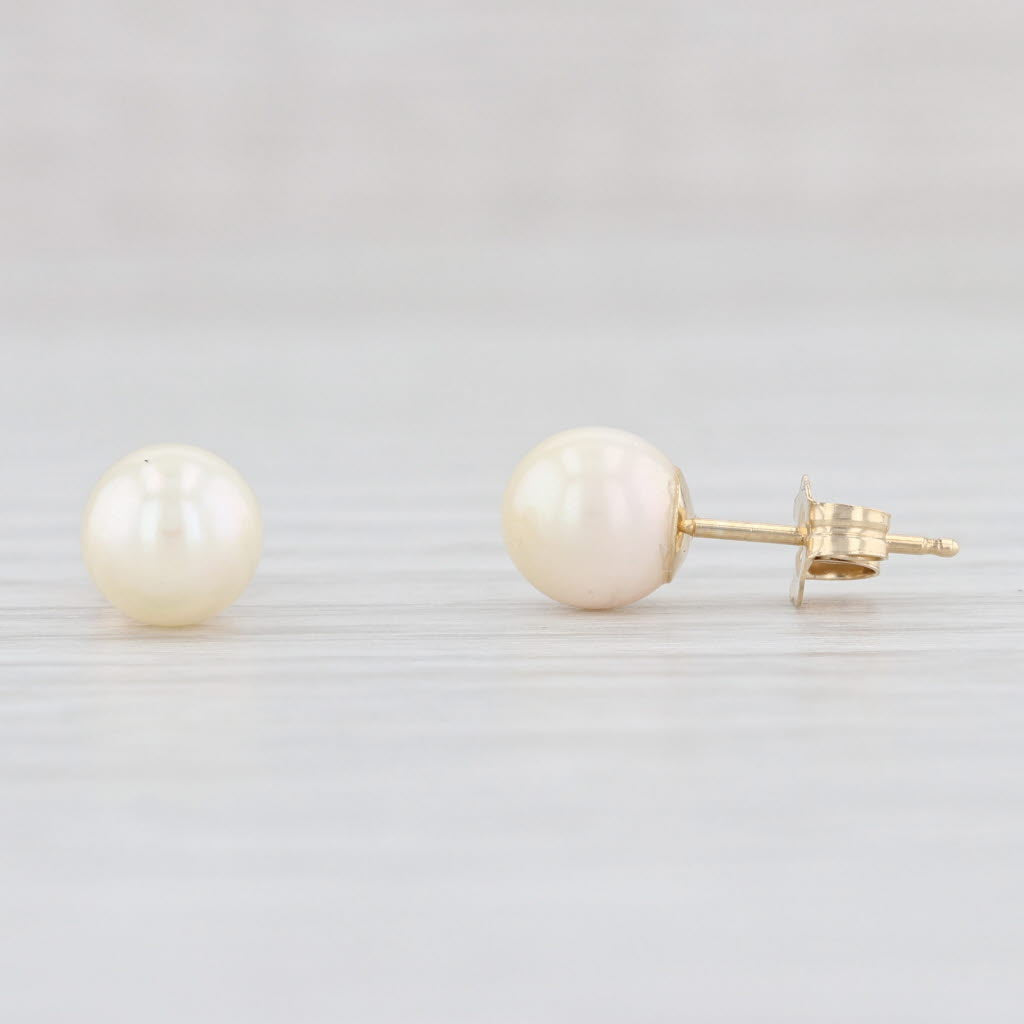 Light Gray Pearl Solitaire Stud Earrings 14k Yellow Gold June Birthstone