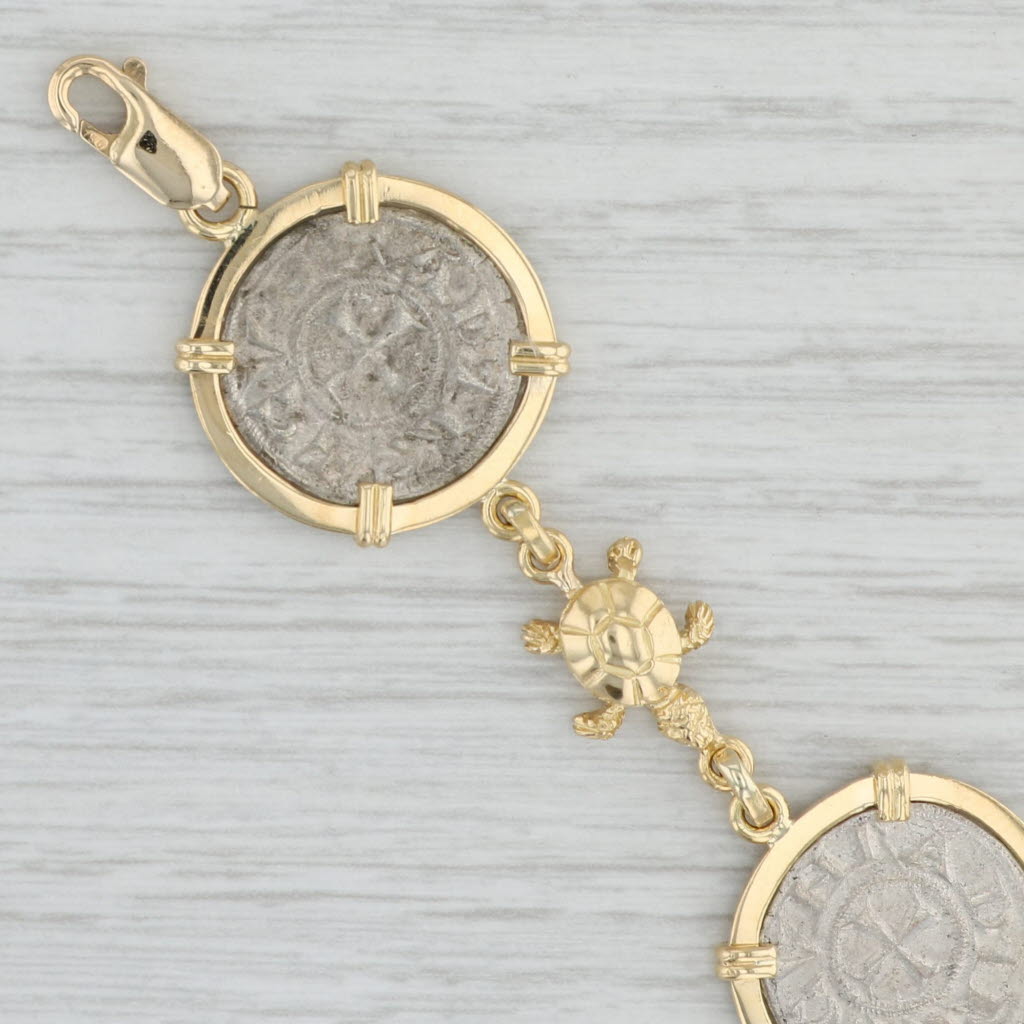 Gray Antique Coin Turtle Link Bracelet 18k Yellow Gold 500 Silver 7.5"