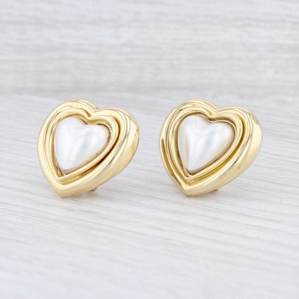 Light Gray Gucci Pearl Heart Clipon Earrings 18k Yellow Gold Statement Non Pierced Omega