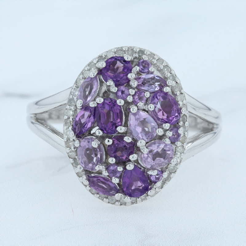 Lavender New Amethyst Cluster Diamond Halo Ring Sterling Silver Purple Stone Cocktail S 7