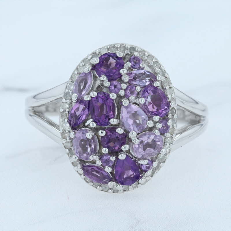 Lavender New Amethyst Cluster Diamond Halo Ring Sterling Silver Purple Cocktail Size 7.25