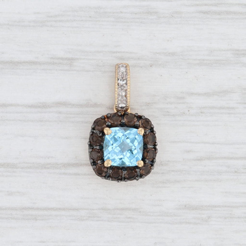 New 0.80ctw Blue Topaz Smoky Quartz White Sapphire Halo Pendant 10k Yellow Gold