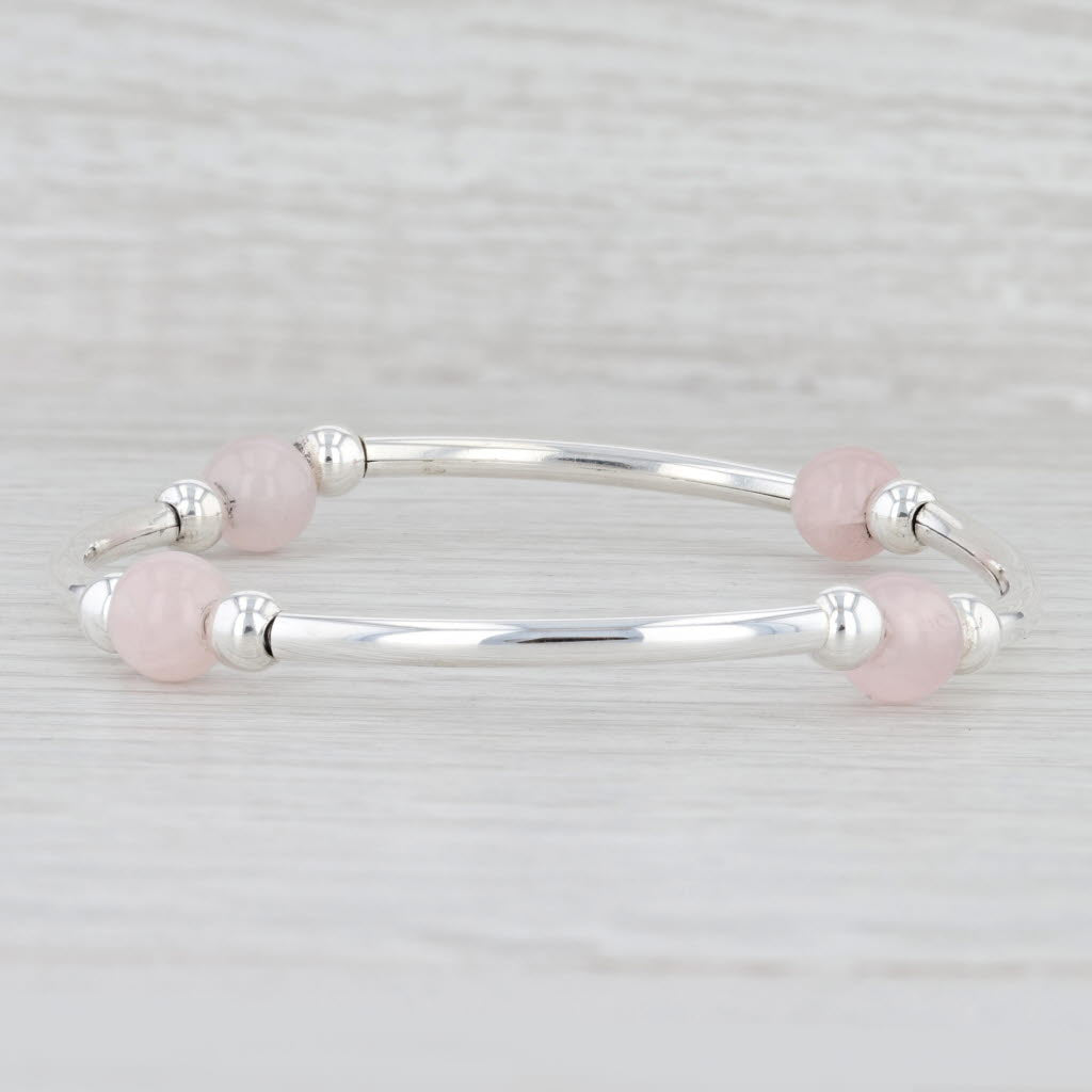 Light Gray New Rose Quartz Stretch Bead Bracelet Sterling Silver 7.5" Italy