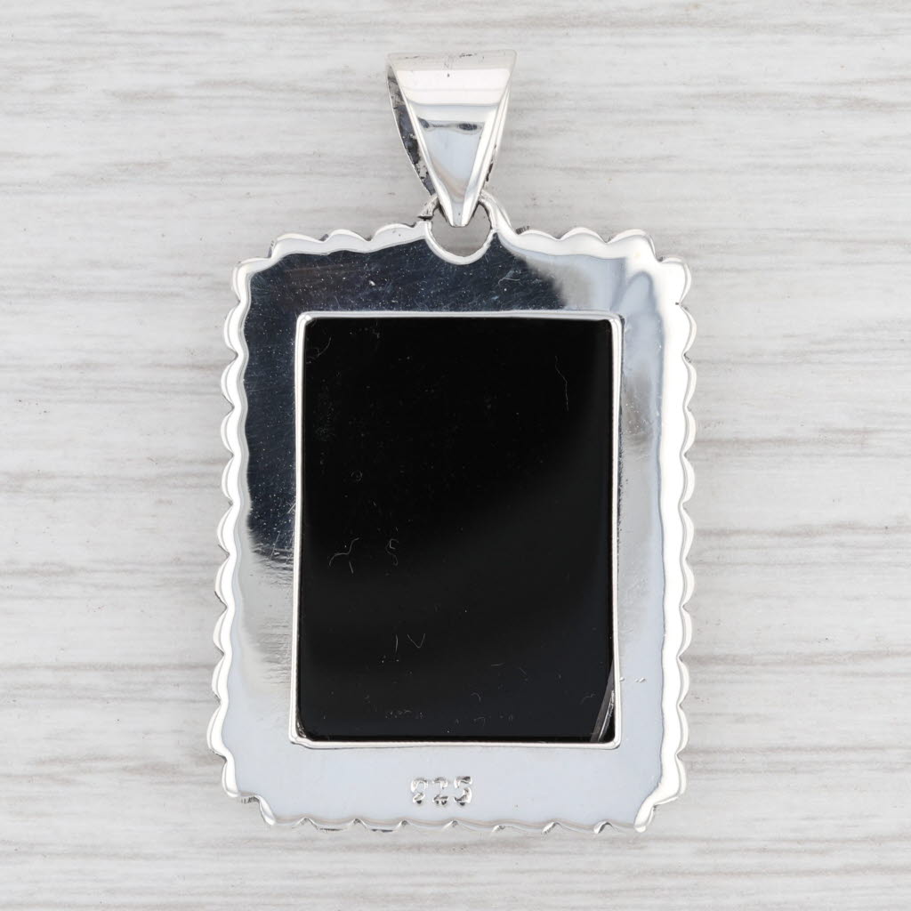 Light Gray New Black Onyx Rectangle Pendant Sterling Silver Drop B12744