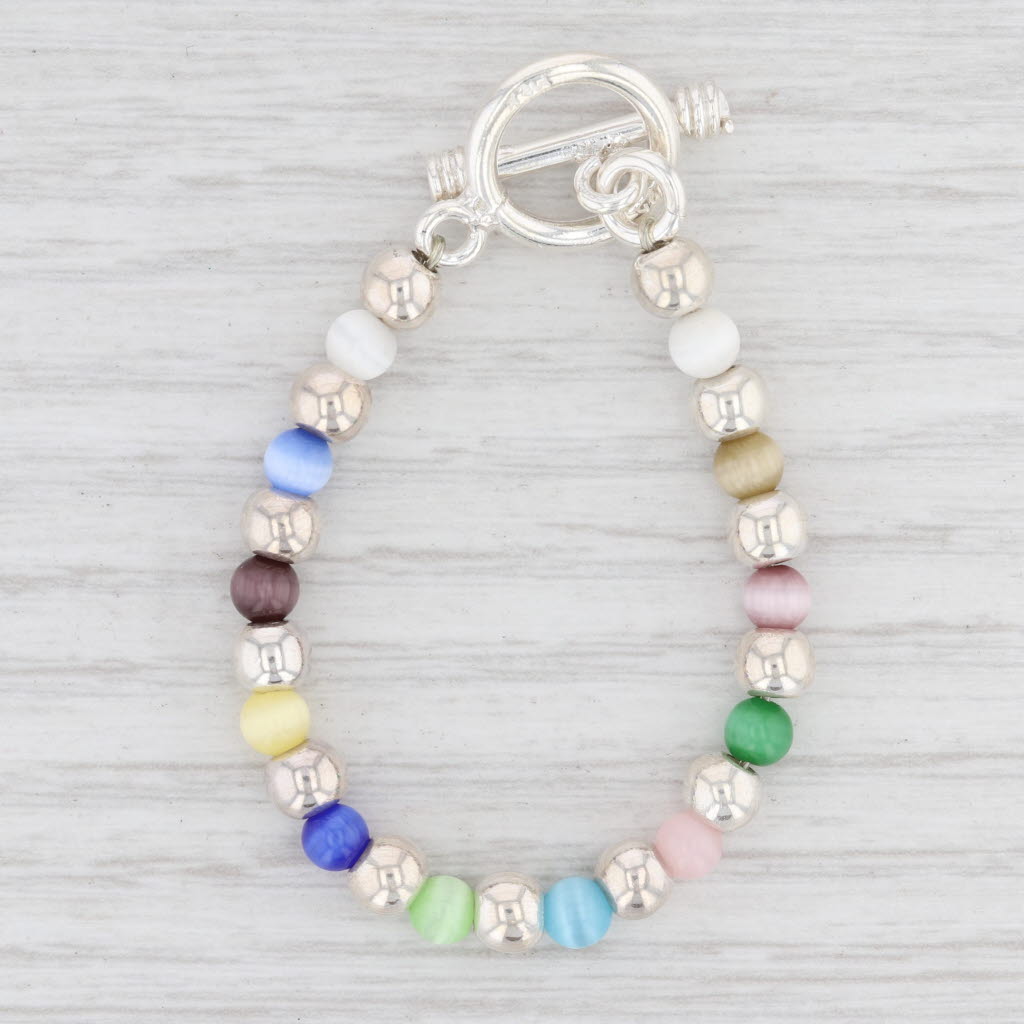 Light Gray New Multi Color Glass Bead Bracelet Small 4.5" Sterling Silver Toggle Clasp