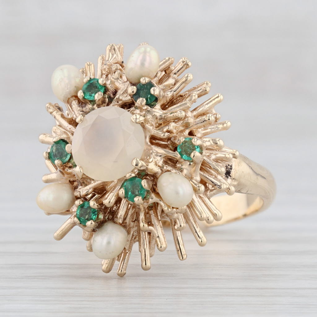 Light Gray Cultured pearl Emerald Chalcedony Cocktail Ring 14k Yellow Gold Size 10.5