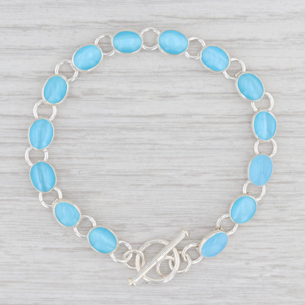 Light Gray New Sky Blue Glass Link Bracelet Sterling Silver 7.25” Chain Toggle Clasp