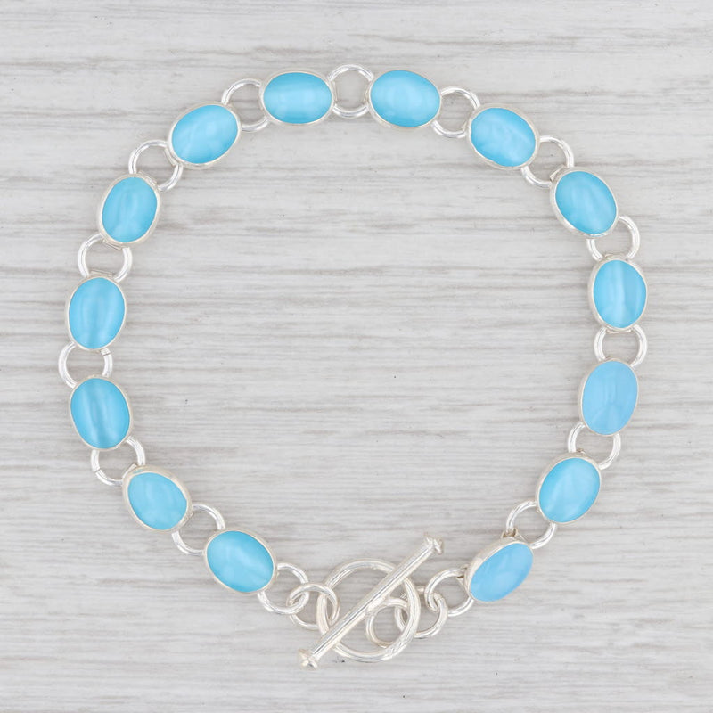New Sky Blue Glass Link Bracelet Sterling Silver 7.25” Chain Toggle Clasp