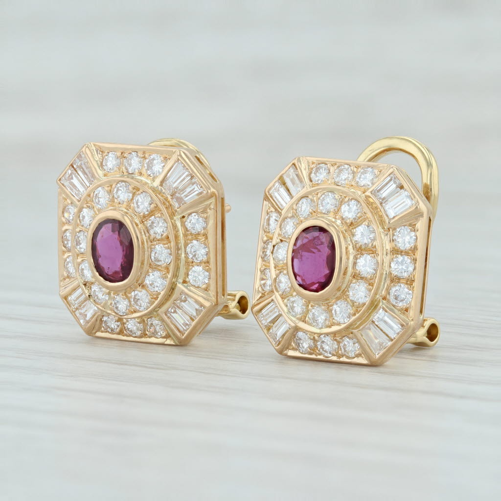 Light Gray 2.30ctw Ruby Diamond Halo Earrings 14k Yellow Gold Pierced Omega Backs