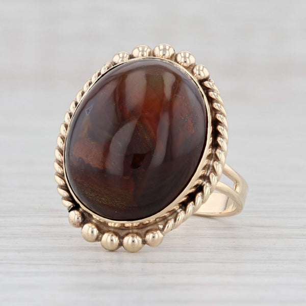Light Gray Fire Agate Ring 14k Yellow Gold Size 8 Oval Cabochon Solitaire Cocktail