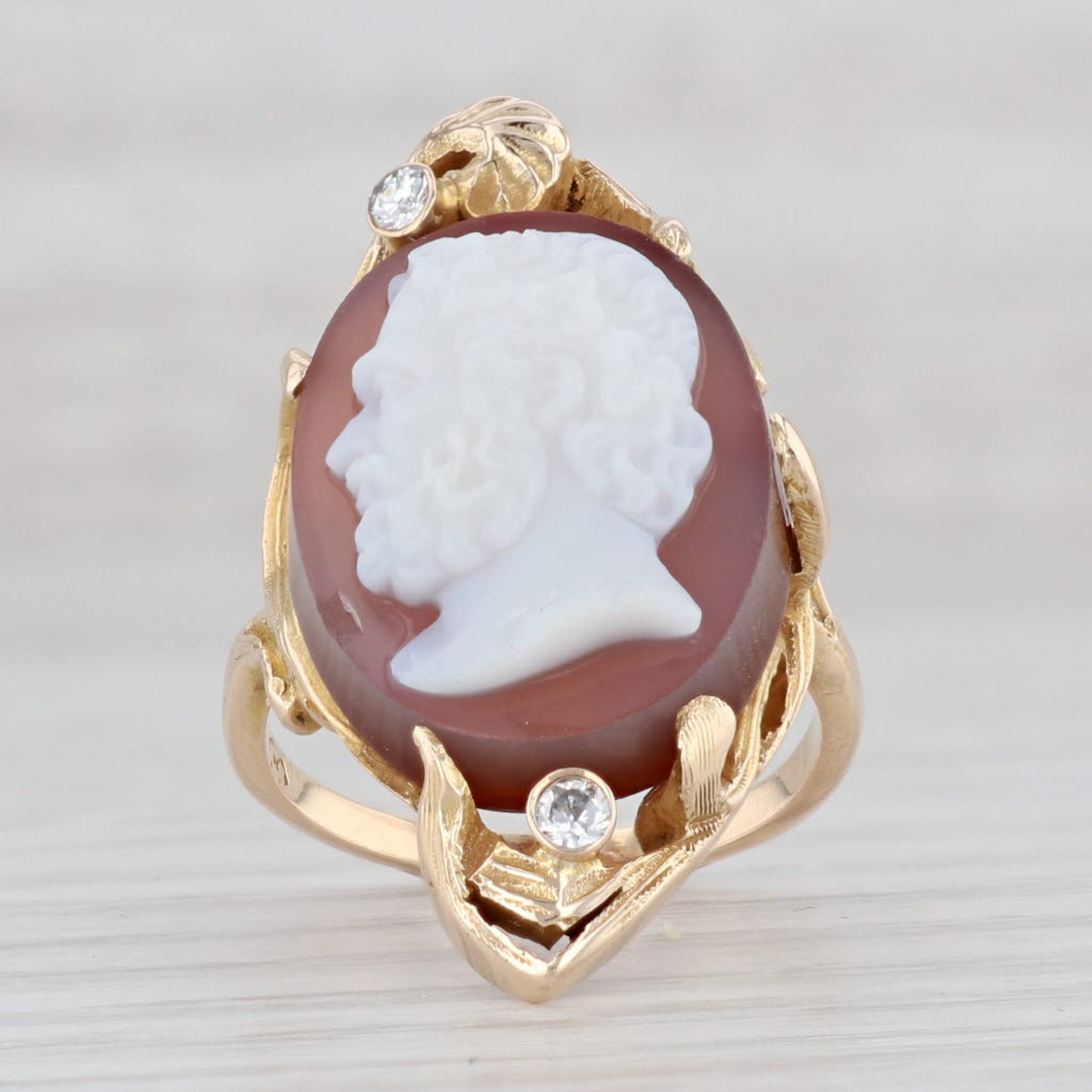 Light Gray Antique Sardonyx Cameo Diamond Ring 10k Yellow Gold Size 5 Male Figural