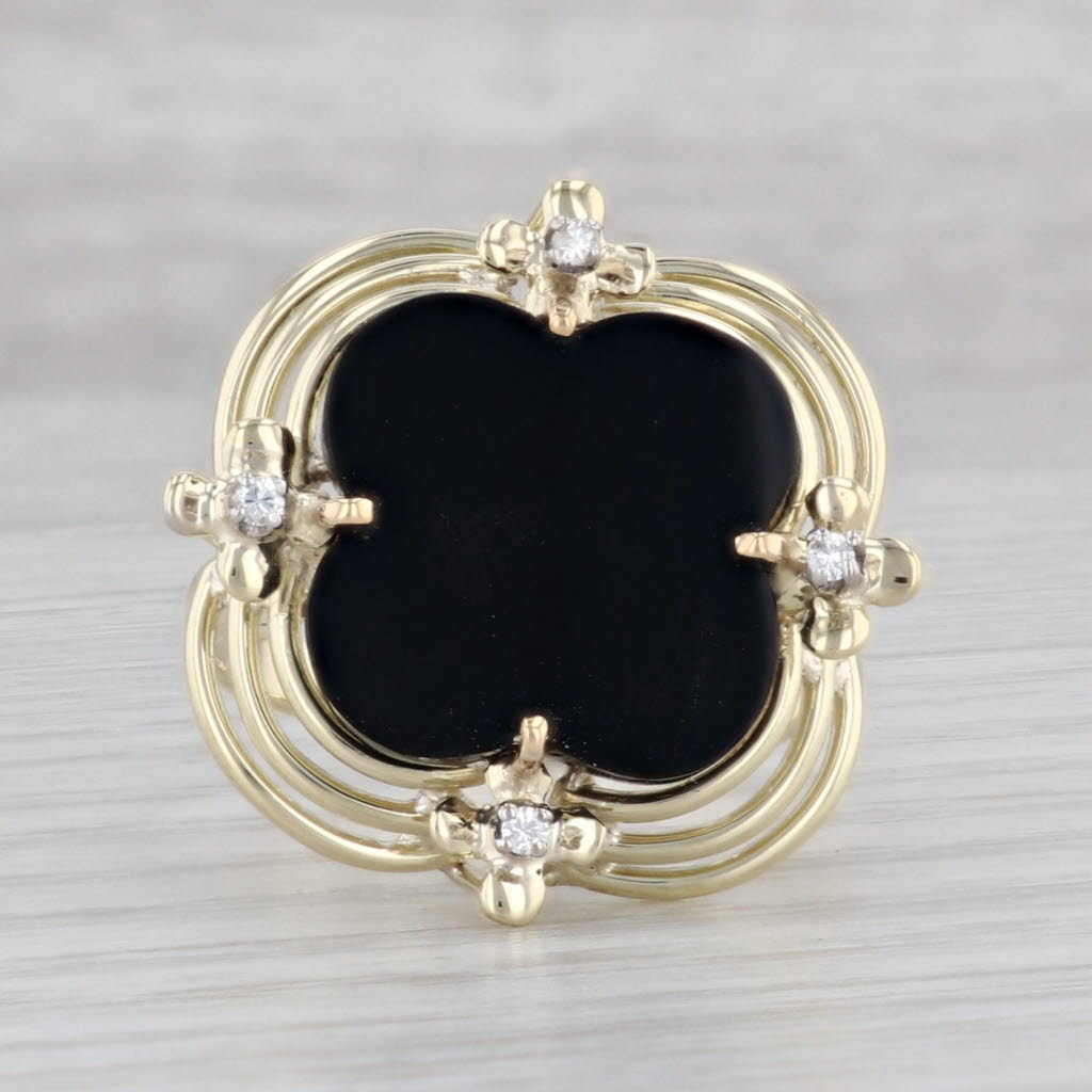 Gray Quatrefoil Onyx Diamond Ring 14k Yellow Gold Size 8.5 Cocktail