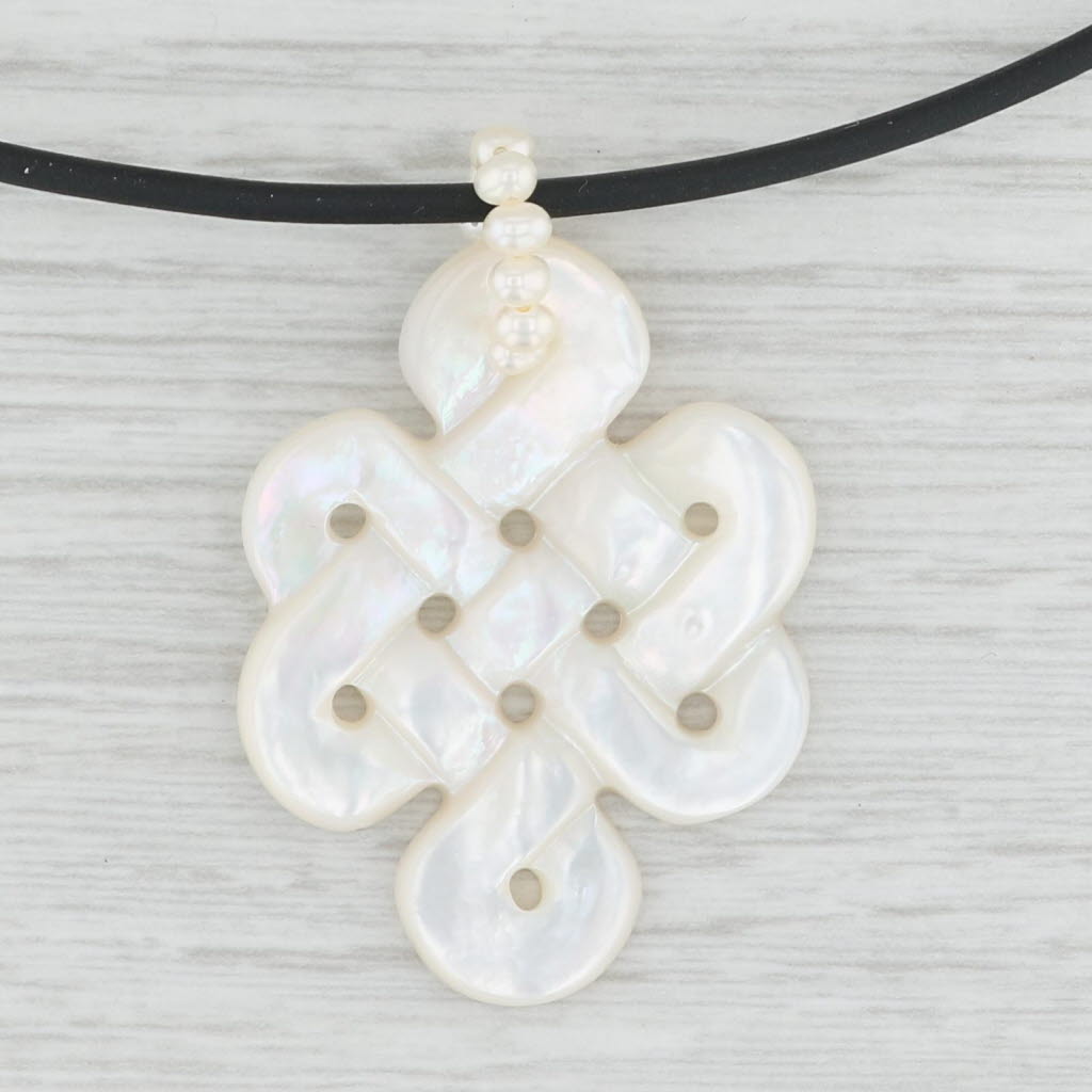 Light Gray Mother of Pearl Celtic Knot Cultured Pearl Pendant 14k Gold Black Cord Necklace