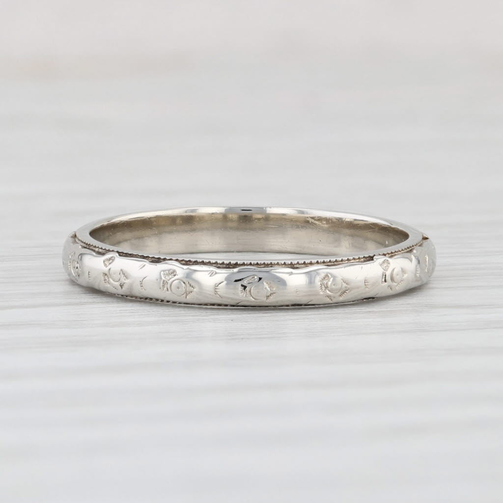 Light Gray Art Deco Floral Band 14k White Gold Size 6.25 Wedding Stackable Ring