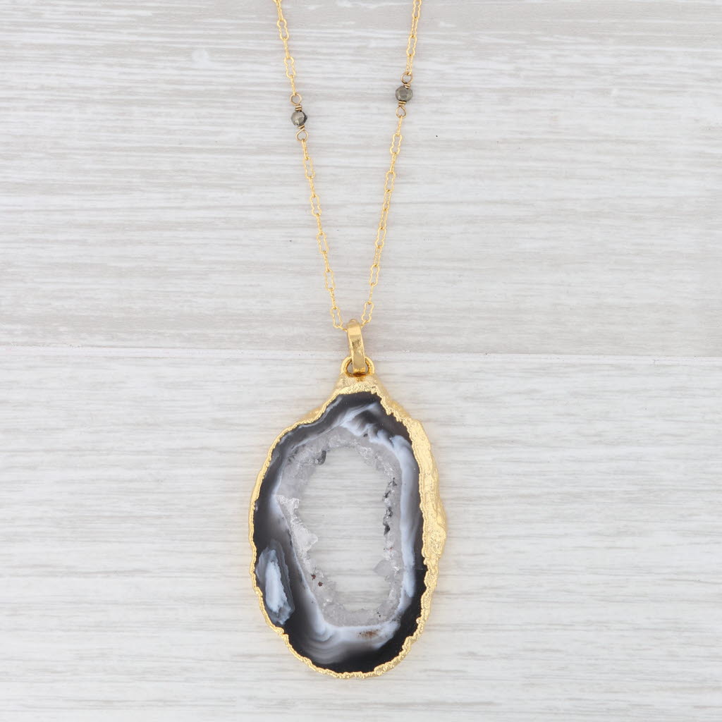 Light Gray New Nina Nguyen Geode Quartz Pendant 38-40" Necklace Sterling Gold Vermeil