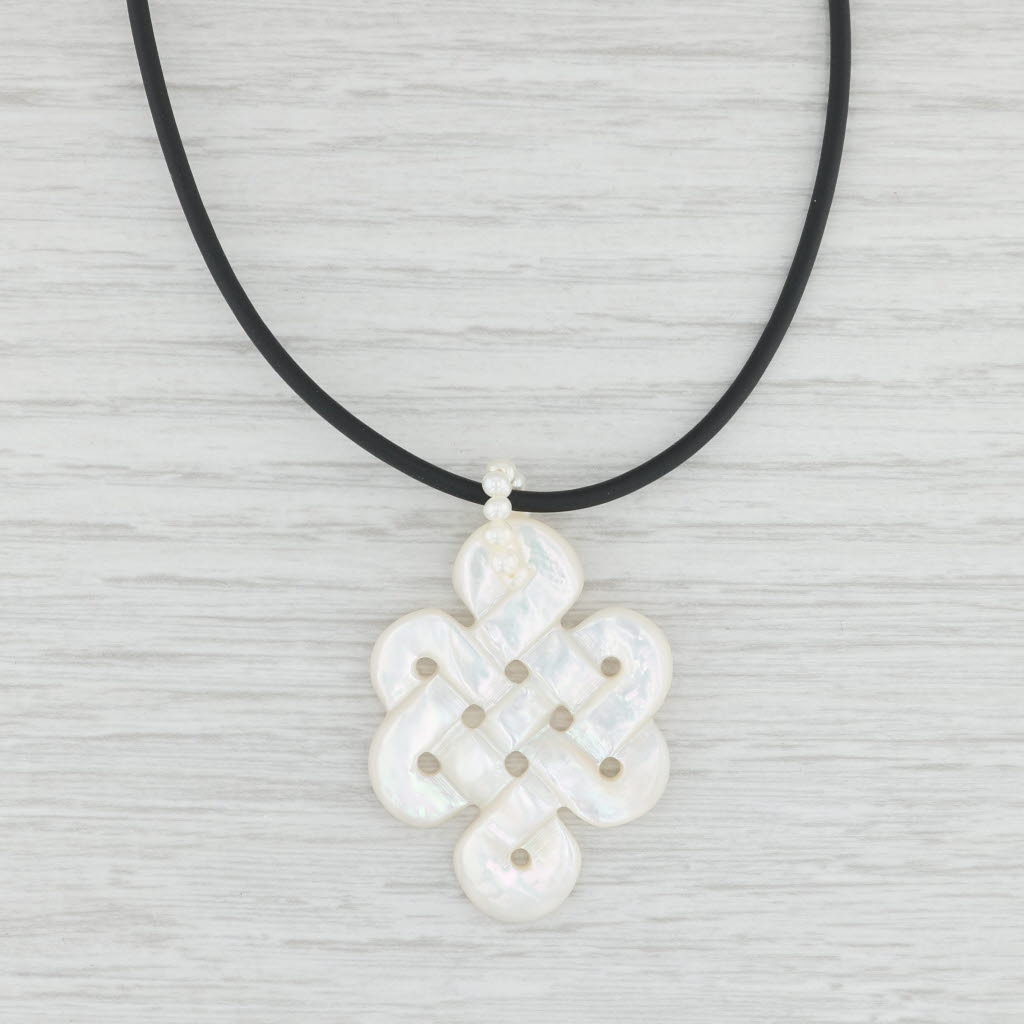 Light Gray Mother of Pearl Celtic Knot Cultured Pearl Pendant Black Cord Necklace 14k Gold