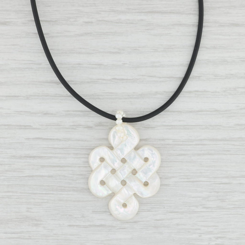 Mother of Pearl Celtic Knot Cultured Pearl Pendant Black Cord Necklace 14k Gold