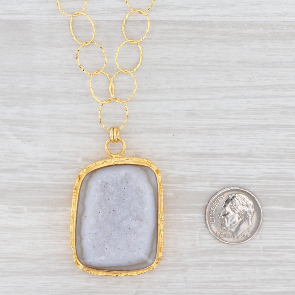 Light Gray New Nina Nguyen White Druzy Quartz Agate Pendant Necklace Gold Vermeil Sterling