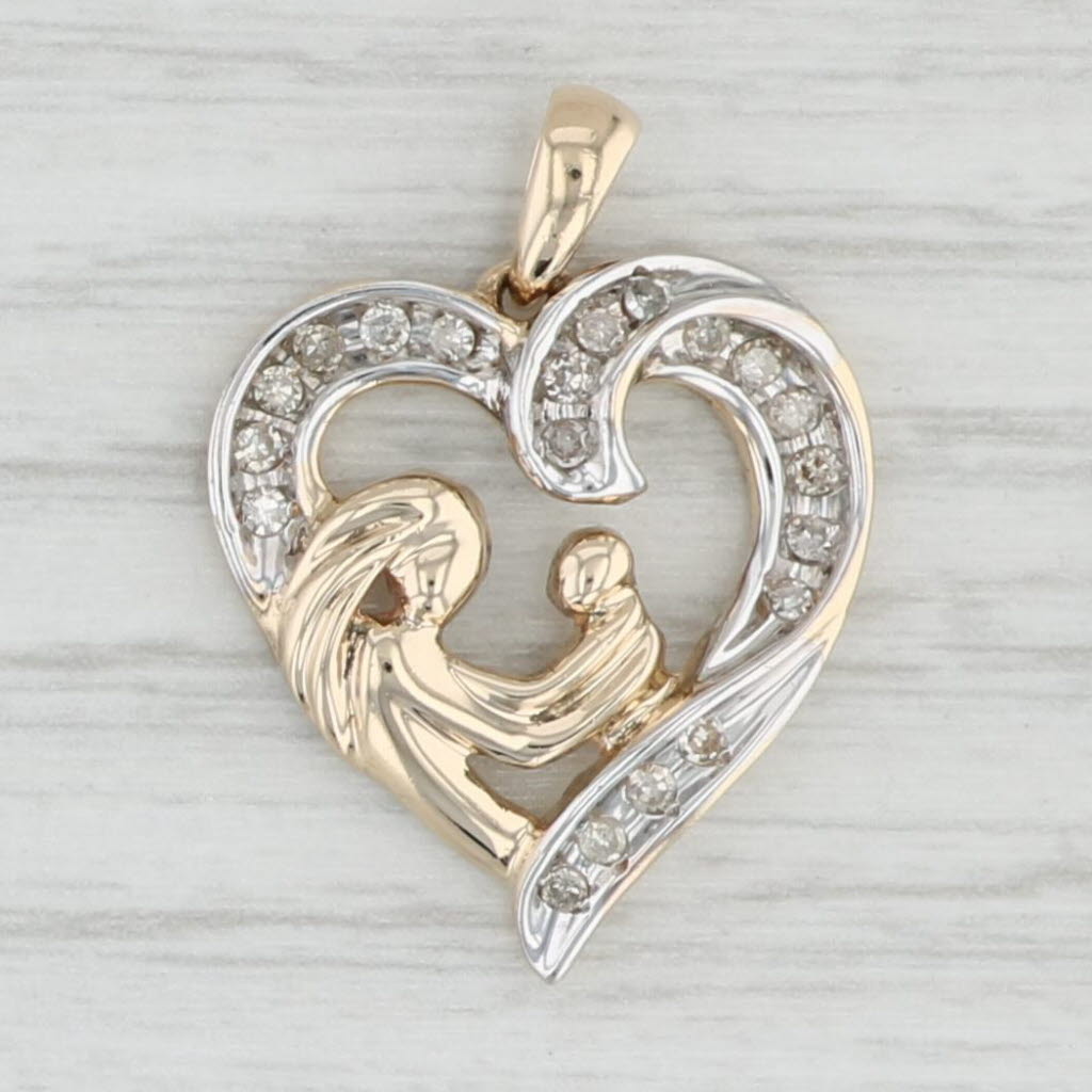 Light Gray 0.18ctw Diamond Mother & Child Pendant 10k Yellow White Gold Gift Keepsake