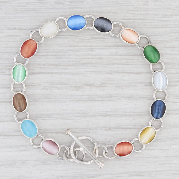 Light Gray New Multi Color Glass Link Bracelet Sterling Silver 7.25” Chain Toggle Clasp