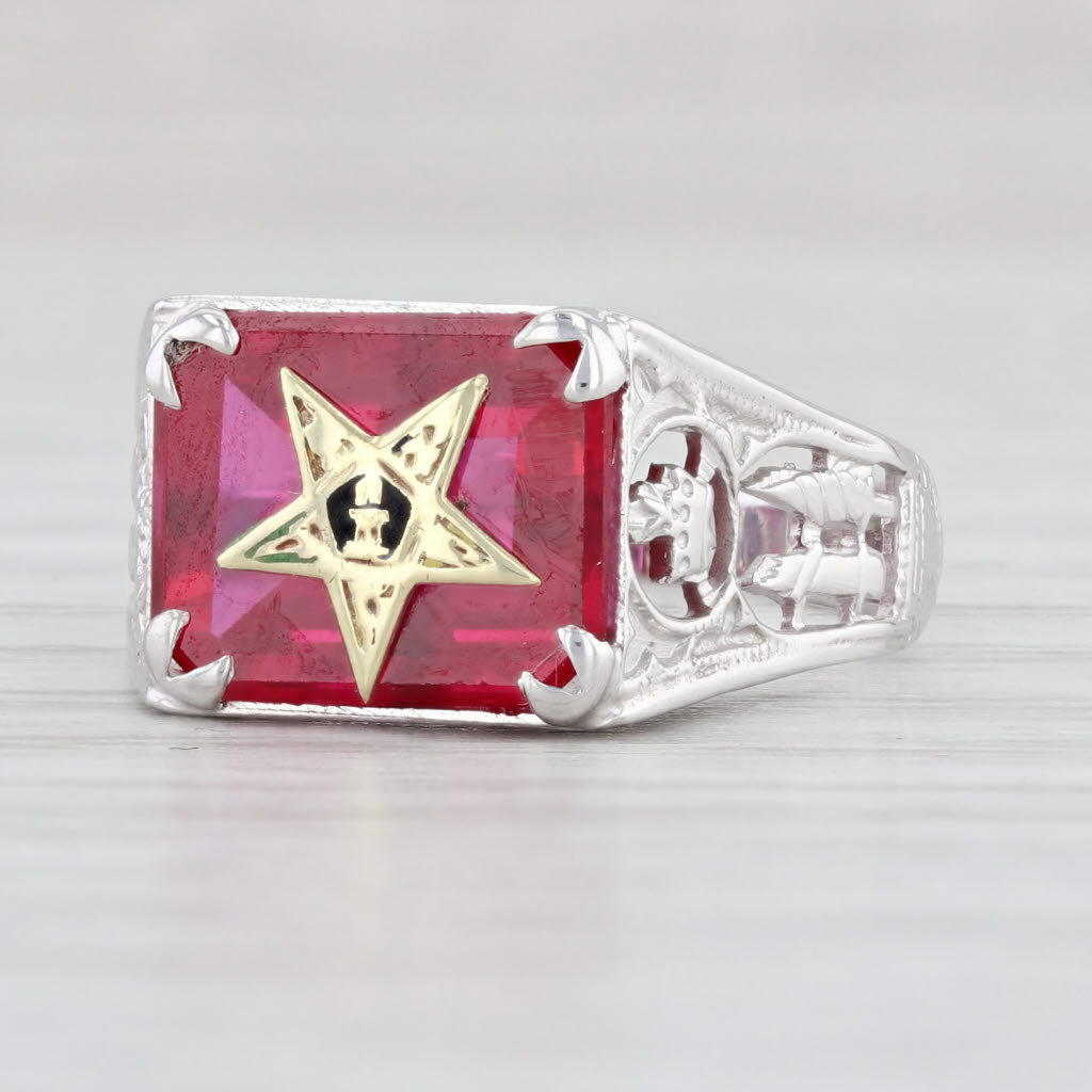 Light Gray Ornate Order Eastern Star Synthetic Ruby 14k White Gold Size 5.5 Masonic