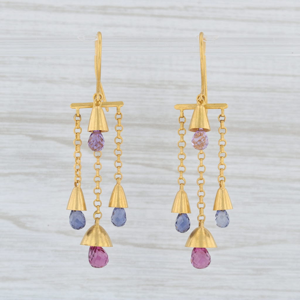 Light Gray Marie Helene de Taillac Gemstone Briolette Bell Earrings 18k 22k Gold Amethyst