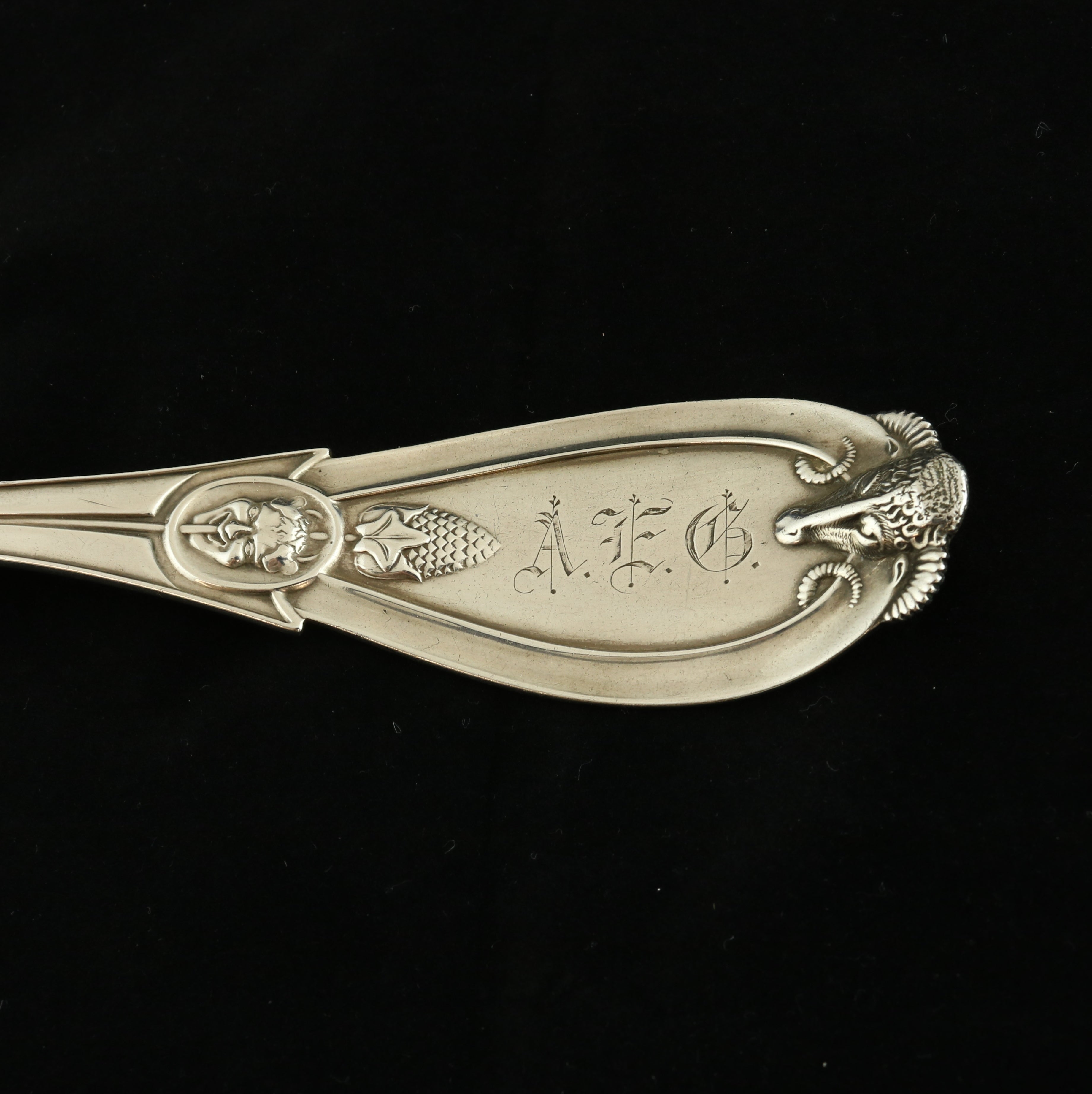 Tan Whiting Grecian Soup Ladle Sterling Silver 13.25" Figural Dionysus Ram 1862 Mono