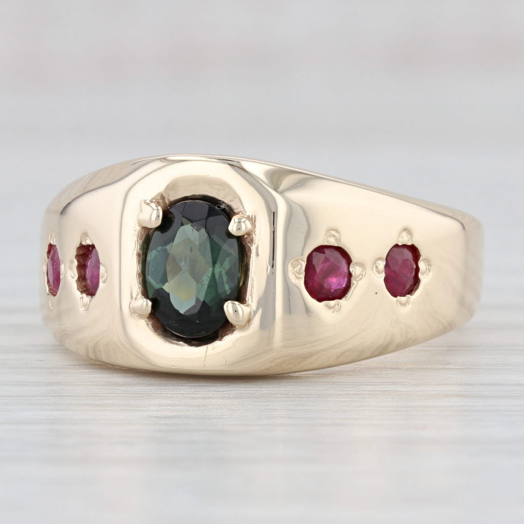 Light Gray Custom Made 1.13ctw Green Tourmaline Red Ruby Ring 10k Yellow Gold Size 10