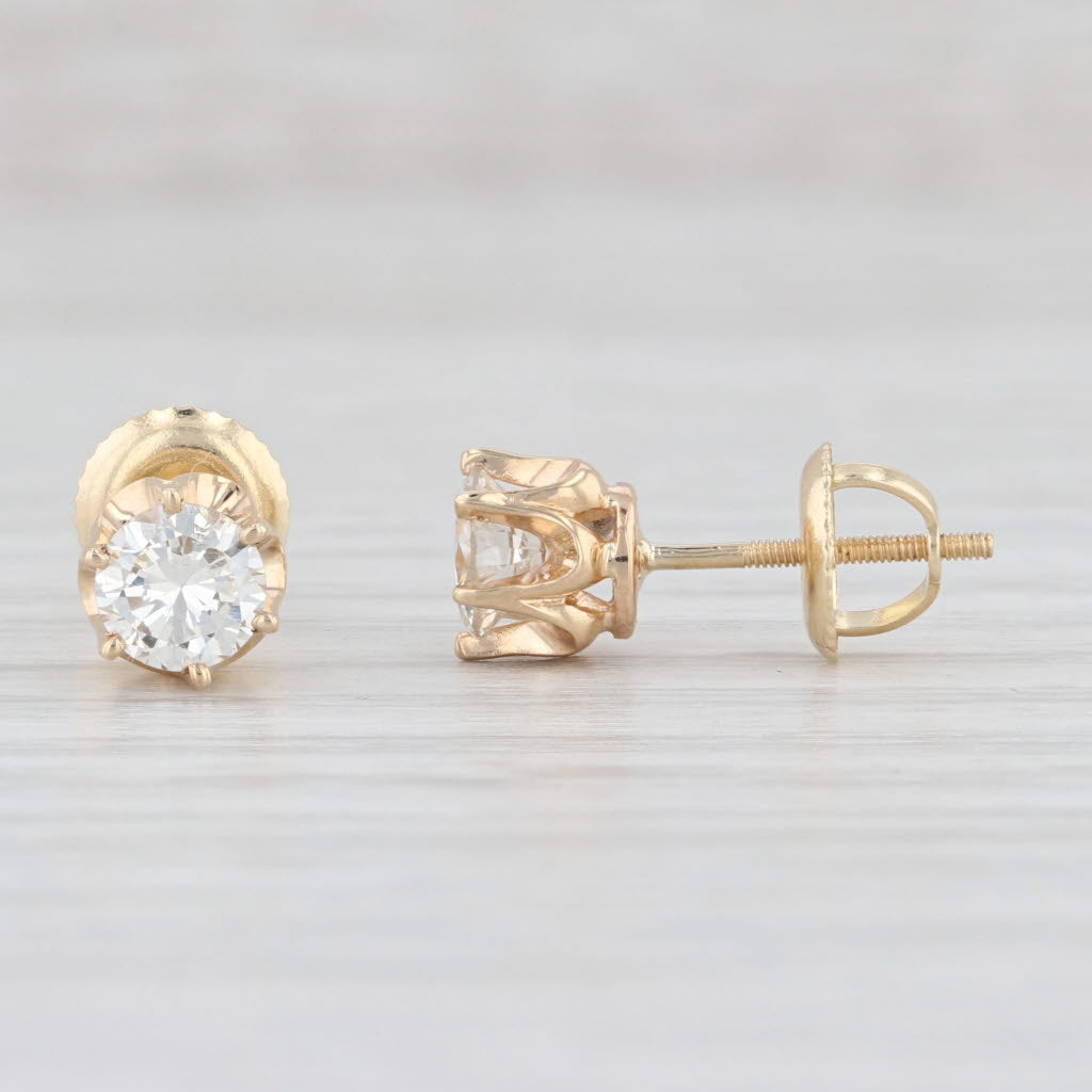 Light Gray Vintage 0.88ctw Diamond Buttercup Stud Earrings 14k Gold Round Solitaire Studs