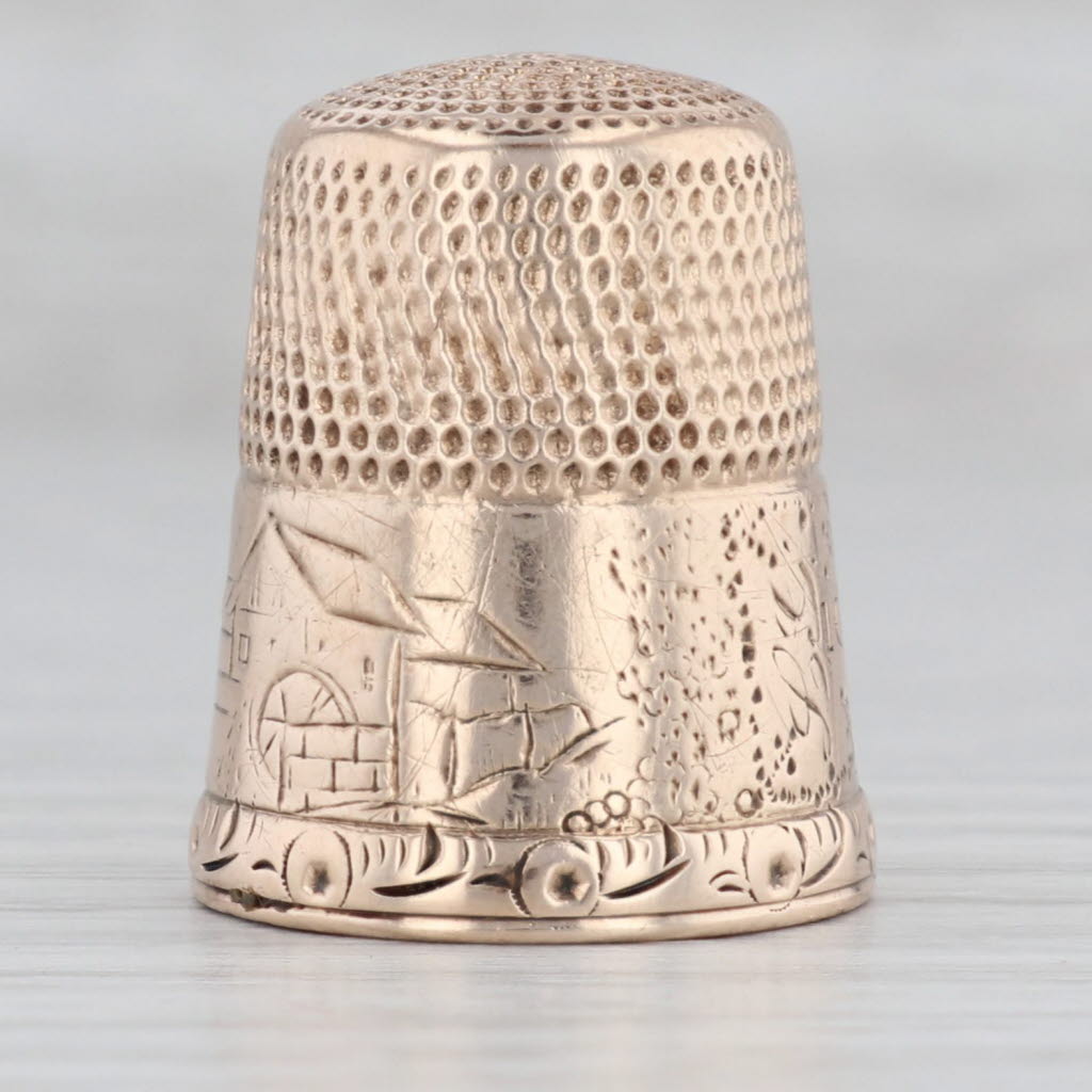 Light Gray Antique Size 10 Thimble 10k Gold Mountain Scene Sewing Keepsake Collectible