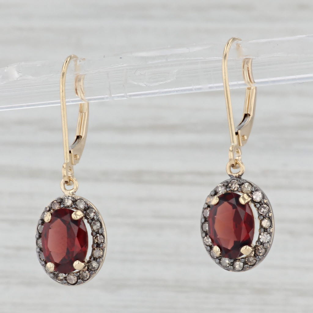 Light Gray 3ctw Garnet Diamond Halo Earrings 14k Yellow Gold Drops Leverback Dangles