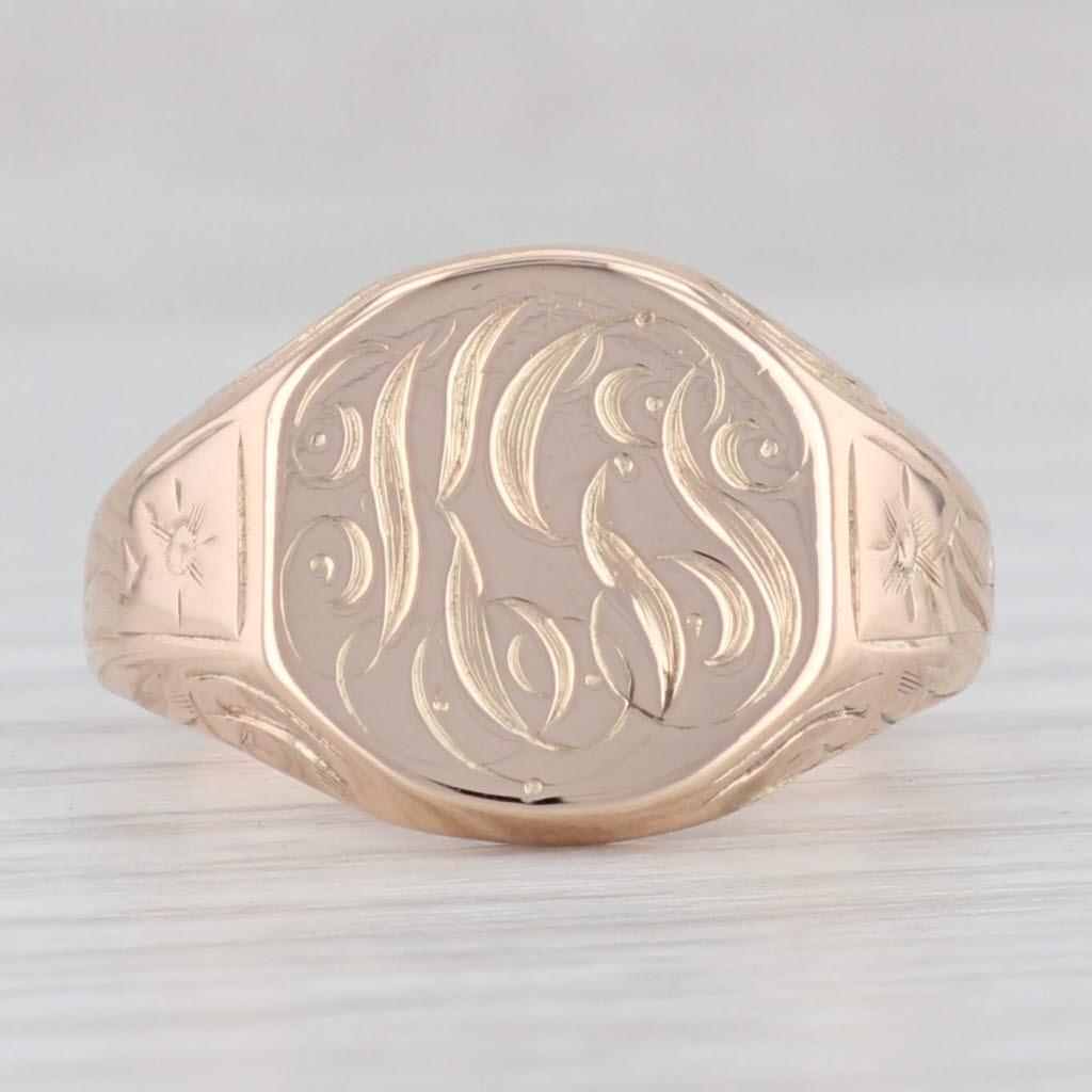 Light Gray Antique Monogram Signet Ring 10k Yellow Gold Size 7 Floral Engraved