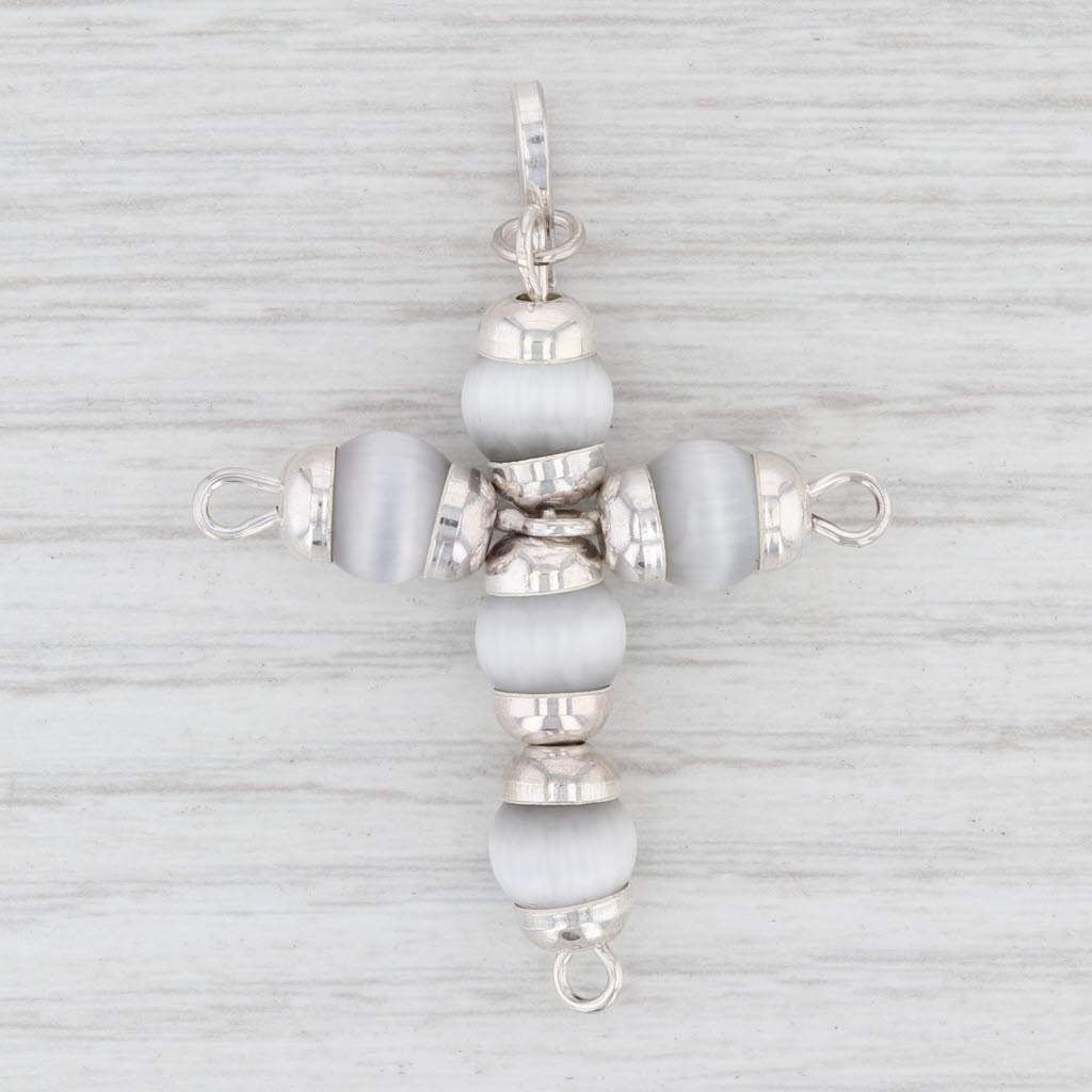 Light Gray New Gray Glass Bead Cross Pendant Sterling Silver Statement