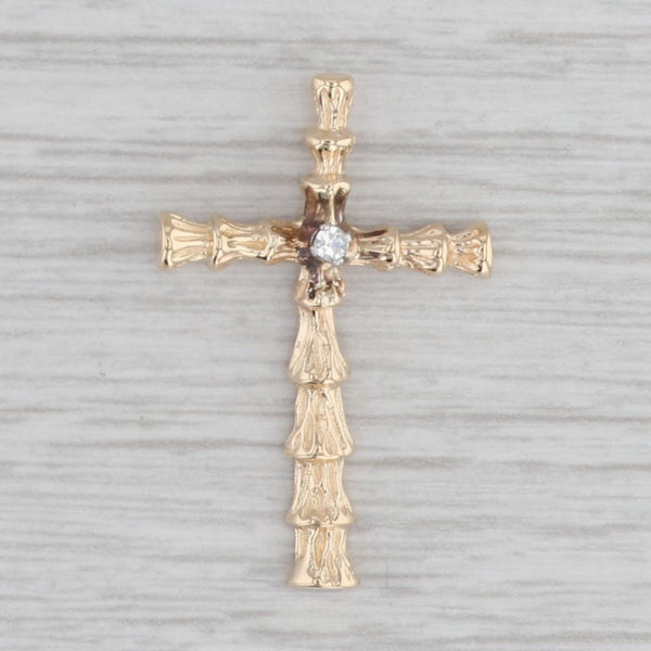 Gray Diamond Bamboo Cross Pendant 14k Yellow Gold Religious Jewelry