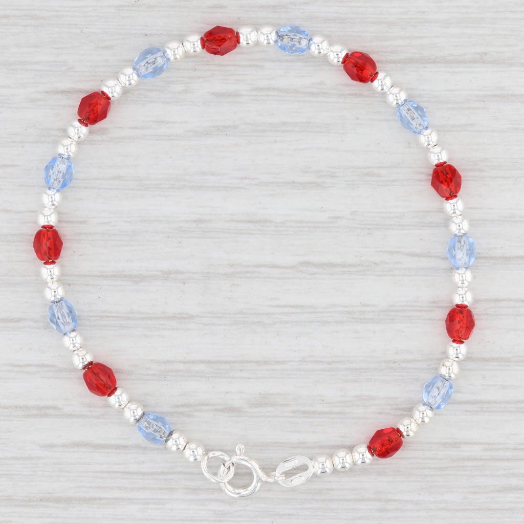 Light Gray New Red Blue Glass Bead Strand Bracelet Sterling Silver 7” 3.8mm