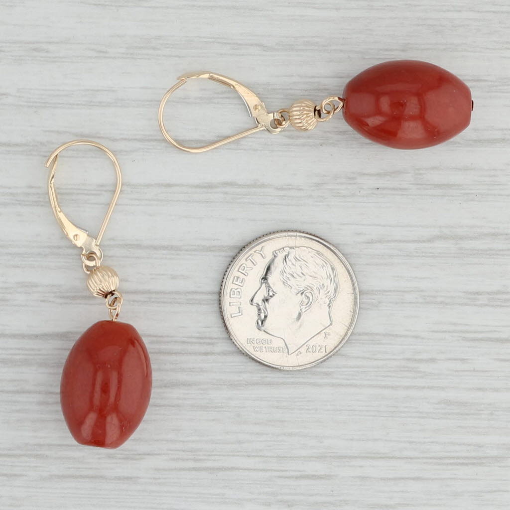 Light Gray Red Jadeite Jade Dangle Earrings 14k Yellow Gold Bead Drops