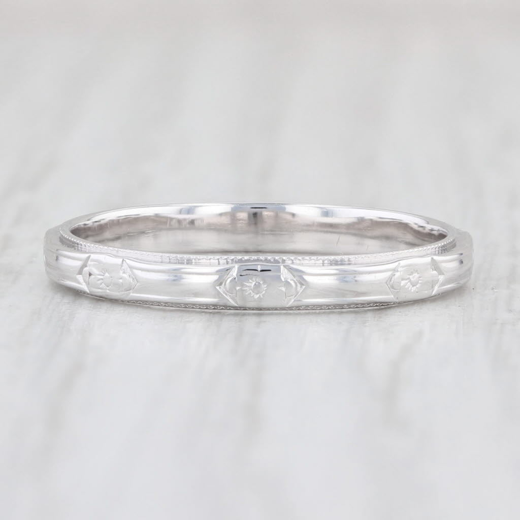 Light Gray Art Deco Floral Wedding Band 14k White Gold Stackable Ring