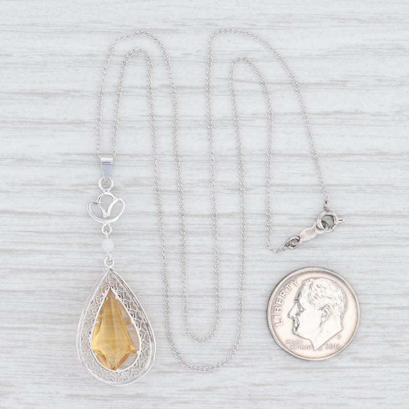 Light Gray Vintage Citrine Teardrop Pendant Necklace 14k White Gold Filigree 16" Curb Chain