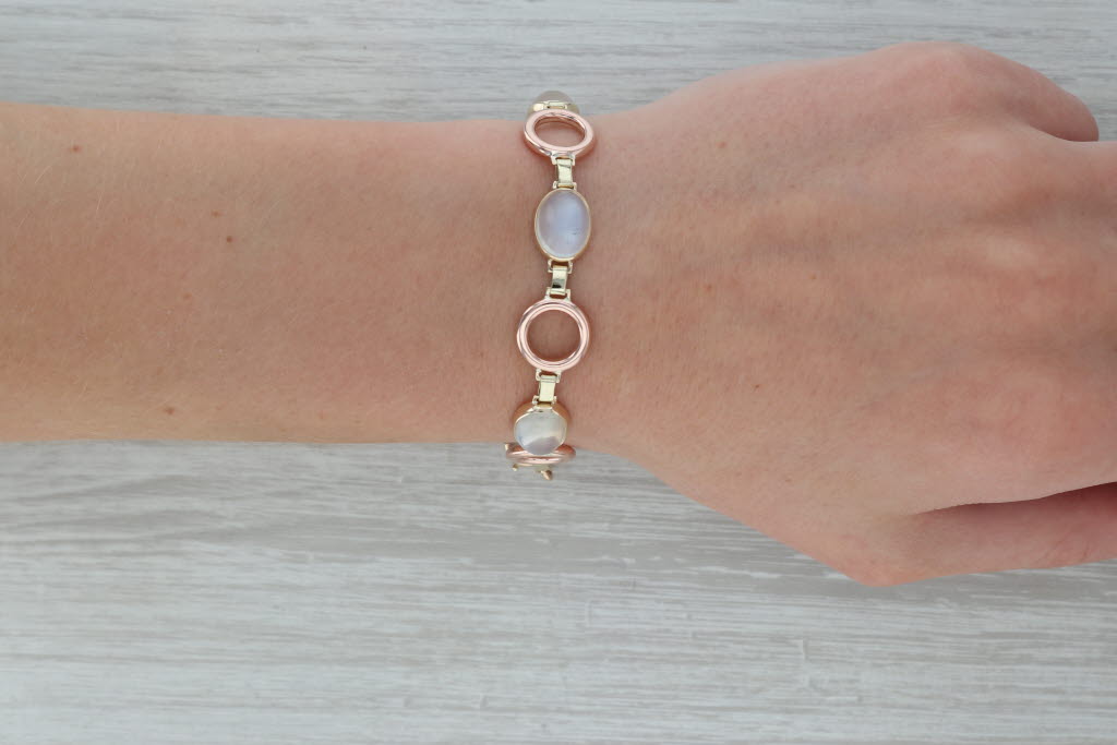 Rosy Brown Oval Cabachon Moonstone Bracelet 14k Yellow Rose Gold 7.5"