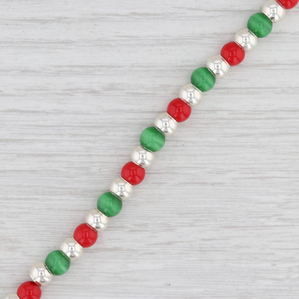 Light Gray New Red Green Glass Bead Bracelet Christmas Tree Charm 7" Sterling Silver Holiday