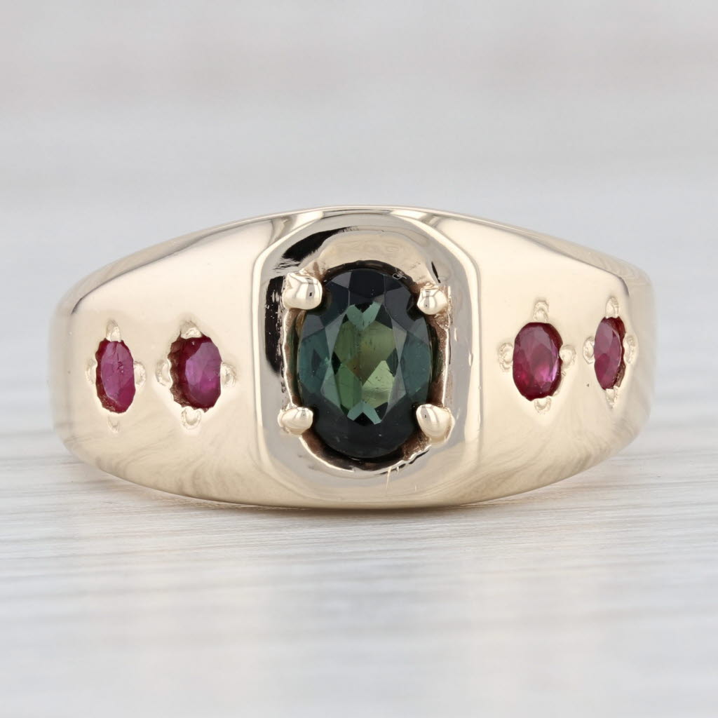 Light Gray Custom Made 1.13ctw Green Tourmaline Red Ruby Ring 10k Yellow Gold Size 10