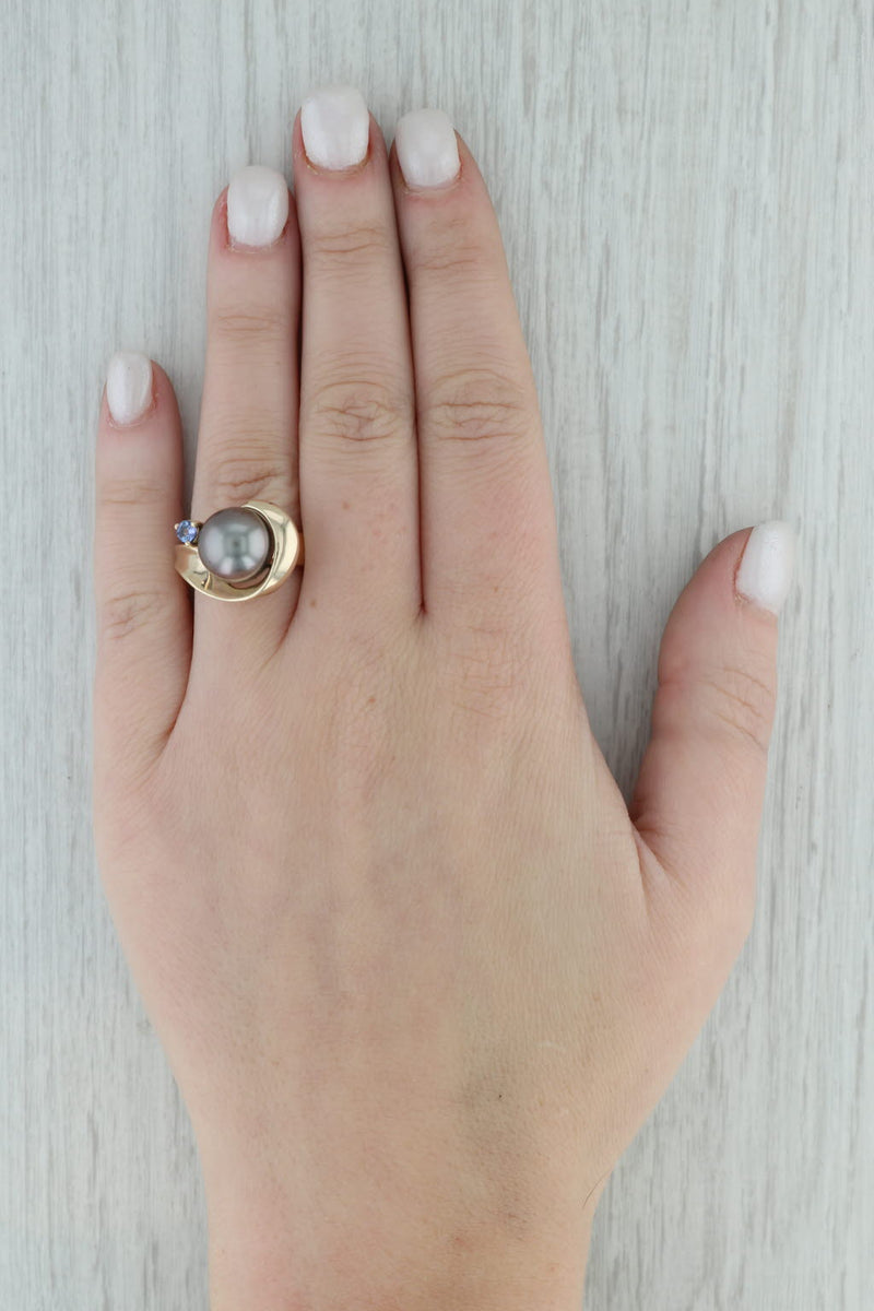 Black Cultured Pearl Tanzanite Wrap Ring 14k Yellow Gold Size 6.75